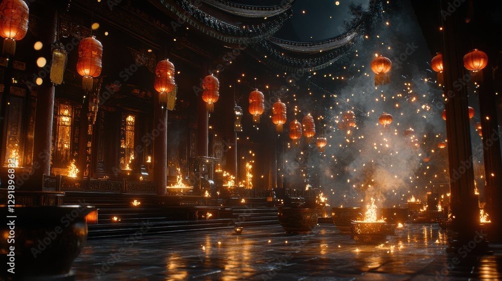 Serene Night at a Temple Courtyard with Red Lanterns Serene Night at a Temple Courtyard with Red Lanterns