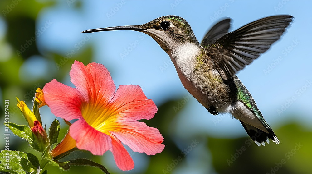 Fototapeta premium Hummingbird in flight, feeding on flower, garden setting