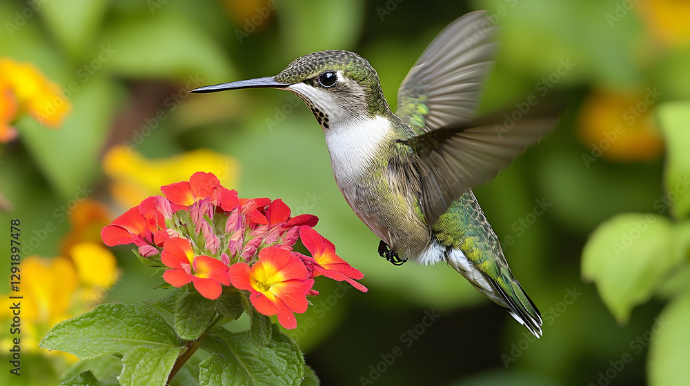 Fototapeta premium Hummingbird in flight near vibrant flowers