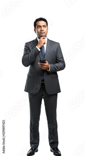 Pensive Businessman Holding Phone and Looking Upward with Isolated Black Background