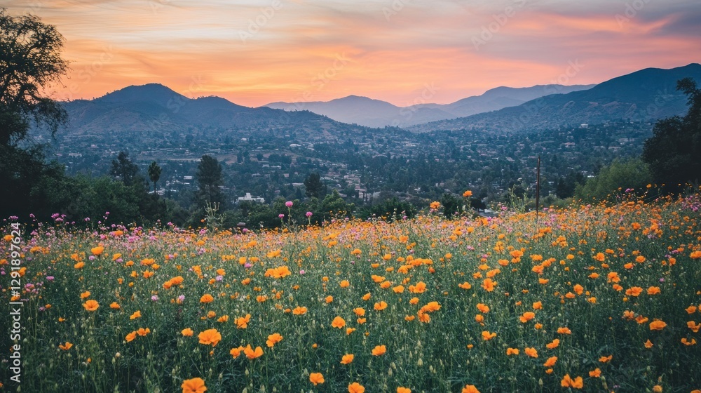 Fototapeta premium Golden Wildflower Meadow Sunset Mountain View