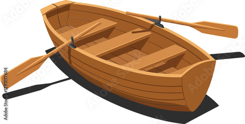 Wooden rowboat with oars in a flat design style showcasing simplicity and elegance in vector art