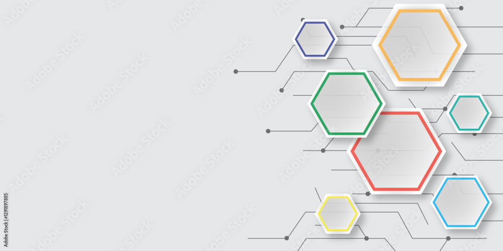 Minimalist Geometric Hexagon Abstract Background with Tech Lines. 3D Hexagonal Honeycomb Design with High-Tech Connections. Vector. Minimalist Geometric Hexagon Abstract Background with Tech Lines. 3D Hexagonal Honeycomb Design with High-Tech Connections. Vector.