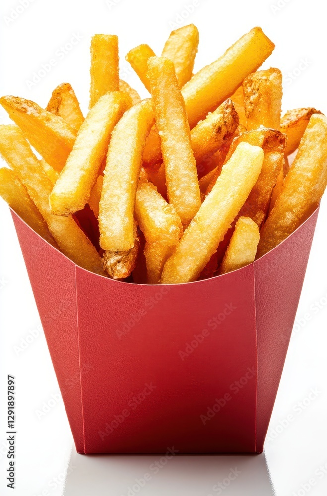 Freshly Cooked Golden French Fries in Red Paper Container on White Background for Delicious Fast Food and Culinary Use Freshly Cooked Golden French Fries in Red Paper Container on White Background for Delicious Fast Food and Culinary Use