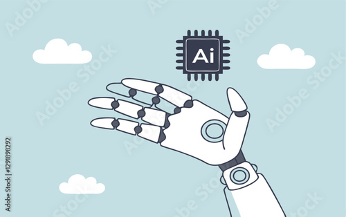 Generative AI artificial intelligence to generate output or answer question in automatic chat, deep learning or machine learning technology concept, robotic hand hold processor chip with the word AI.