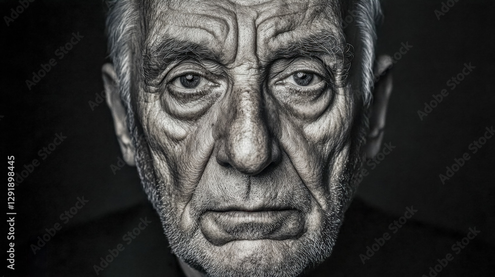 Close up black and white portrait of senior man showing wrinkles Close up black and white portrait of senior man showing wrinkles