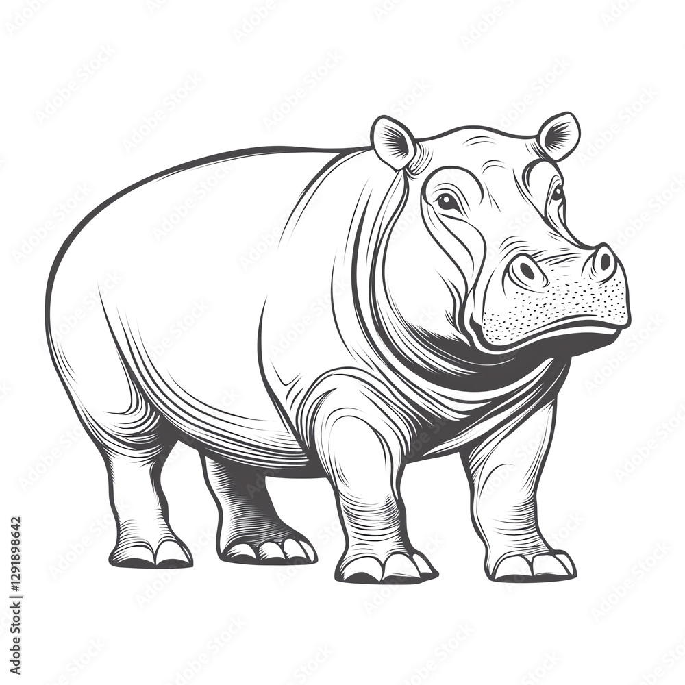 Fototapeta premium Playful Hippo Line Art | Minimalist Wildlife PNG