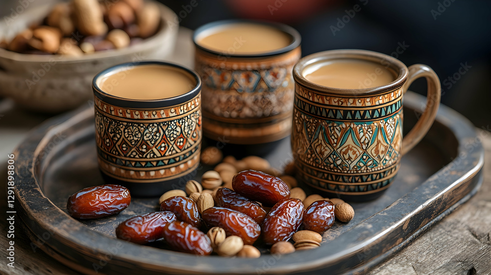 Decorated cups of coffee or tea with dates, nuts on rustic tray Decorated cups of coffee or tea with dates, nuts on rustic tray