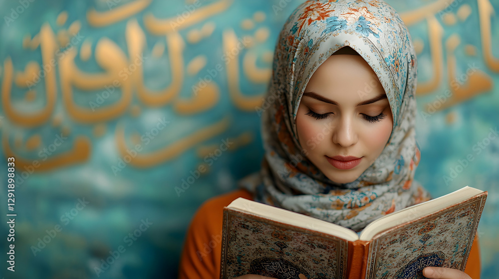 Fototapeta premium Muslim Woman Reads Quran in Prayerful Pose