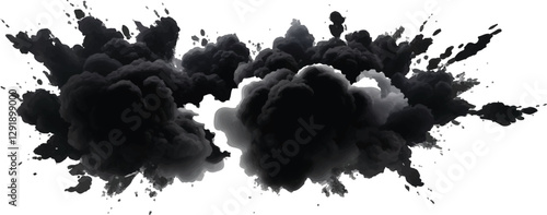 Explosive Black Powder and Smoke Cloud Expanding in an Organic, Fluid Motion, Resulting 
in a Powerful and Dramatic Abstract Visual Display on White
