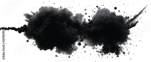 Explosive Black Powder and Smoke Cloud Expanding in an Organic, Fluid Motion, Resulting 
in a Powerful and Dramatic Abstract Visual Display on White
