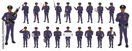 
Police Officer Character Design Model Sheet. Man, Character design. Front, side, back view and explainer animation poses. Character set with lip sync and Walk cycle animation sequences.
