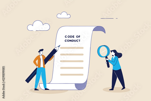 Code of conduct, ethical policy or rules, regulation or principles guideline for work responsibility, compliance document or company standard concept, businessman writing code of conduct document.