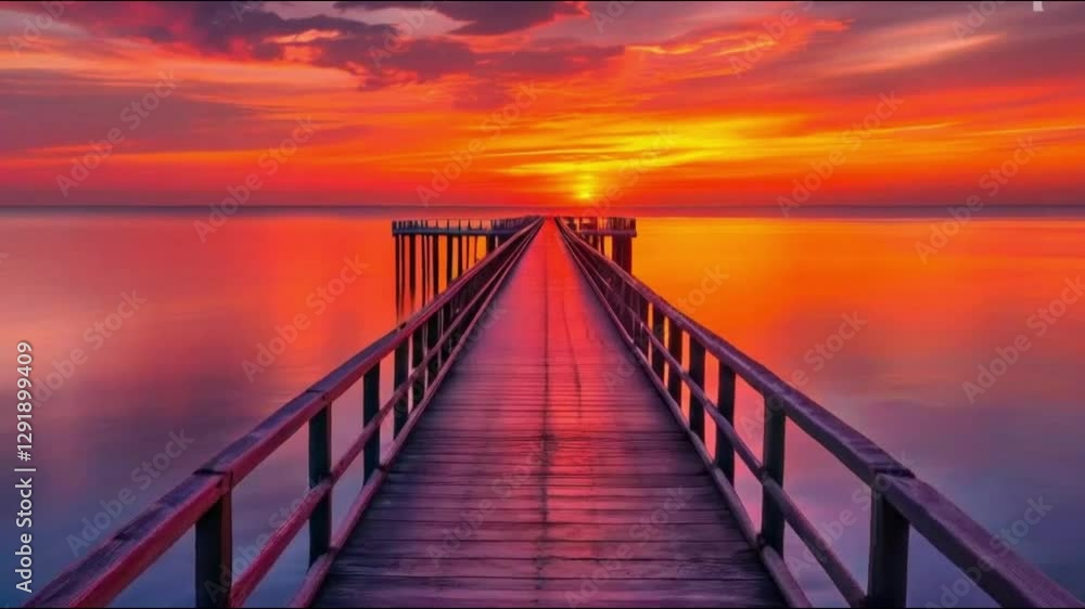 Wooden pier stretches toward vibrant orange and red sunset horizon.
Wooden pier stretches toward vibrant orange and red sunset horizon.