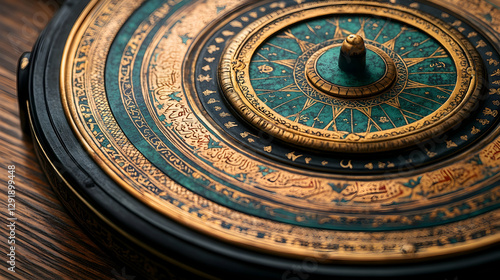 Ornate antique astrolabe on wooden surface