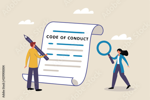 Code of conduct, ethical policy or rules, regulation or principles guideline for work responsibility, compliance document or company standard concept, businessman writing code of conduct document.