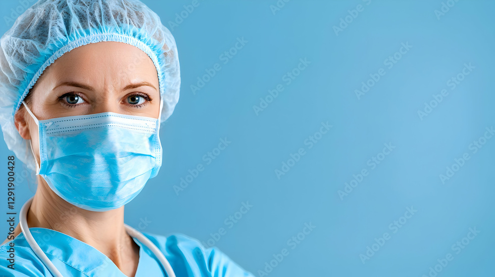 Focused female doctor, blue background, healthcare Focused female doctor, blue background, healthcare