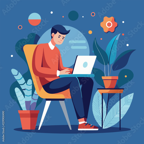 a boy is using his laptop vector	