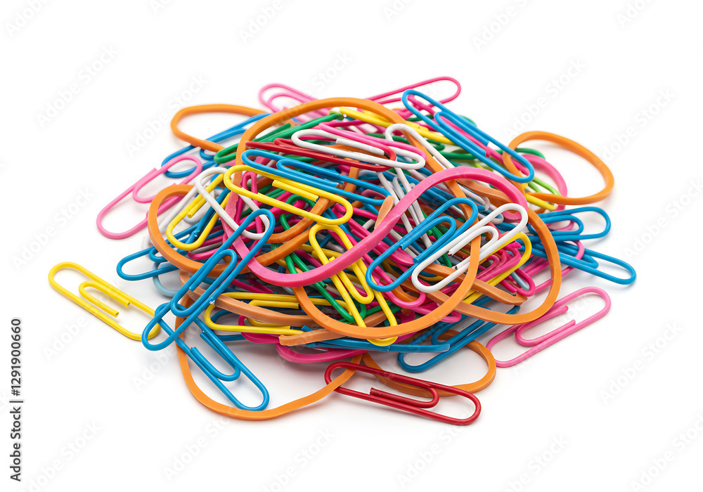 Colorful paperclips and rubber bands piled high Colorful paperclips and rubber bands piled high
