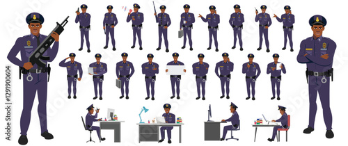 
Police Officer Character Design Model Sheet. Man, Character design. Front, side, back view and explainer animation poses. Character set with lip sync and Walk cycle animation sequences.

