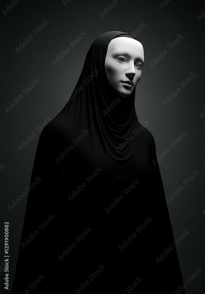 Mysterious Figure with Mask in Dark Robe Dramatic Black and White Mysterious Figure with Mask in Dark Robe Dramatic Black and White