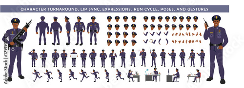 
Police Officer Character Design Model Sheet. Man, Character design. Front, side, back view and explainer animation poses. Character set with lip sync and Walk cycle animation sequences.
