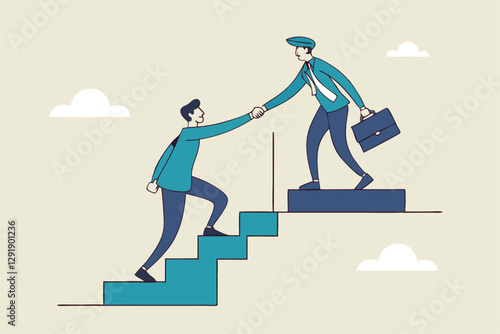 Business mentor or leadership help colleague to succeed and reach goal achieve target, mentorship, support or help career success, businessman leader help employee climb to target at top of stair.