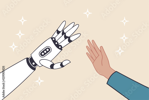 Working together with AI Artificial Intelligence, human cooperate with machine or robot, AI help or support coworker, assistance or partnership concept, businessman hand high five with robot hand.
