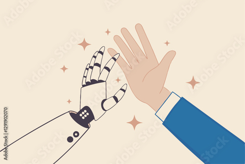Working together with AI Artificial Intelligence, human cooperate with machine or robot, AI help or support coworker, assistance or partnership concept, businessman hand high five with robot hand.
