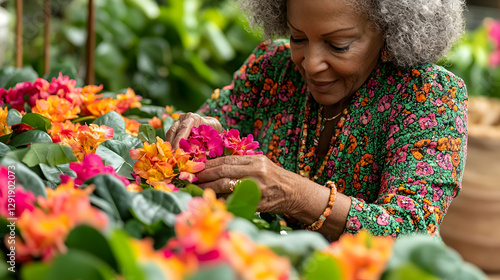 Senior woman tending vibrant flowers in a greenhouse