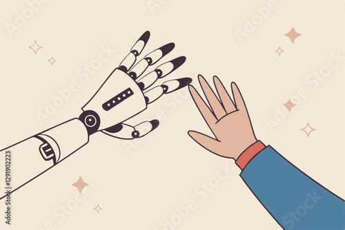 Working together with AI Artificial Intelligence, human cooperate with machine or robot, AI help or support coworker, assistance or partnership concept, businessman hand high five with robot hand.