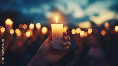 A hand holds a lit candle amidst a crowd, symbolizing unity, remembrance, or hope under a twilight sky.