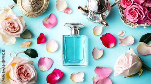 Flat Lay with Arabic Calligraphy, Rose Petals, Teapot, and Perfume Bottle on Light Blue.