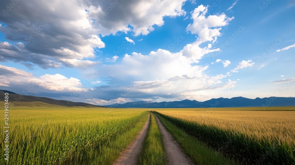 Dirt Road Through a Golden Wheat Field Under a Cloudy Sky Dirt Road Through a Golden Wheat Field Under a Cloudy Sky