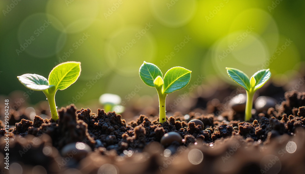 A stunning macro shot of three green seedlings emerging from rich soil. This image captures the delicate process of new life beginning. A stunning macro shot of three green seedlings emerging from rich soil. This image captures the delicate process of new life beginning.
