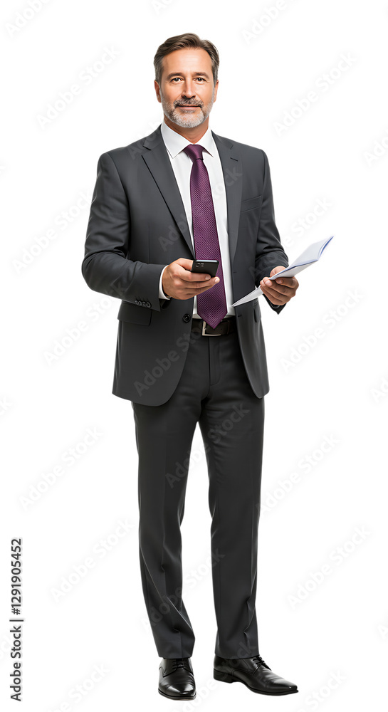 Confident Businessman Holding Phone and Documents Isolated on Black Background Confident Businessman Holding Phone and Documents Isolated on Black Background