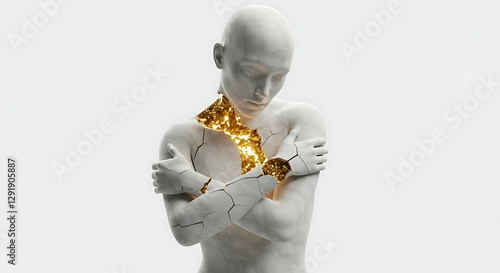 Statue Embracing Self with Gold Repair Concept of Imperfection and Healing