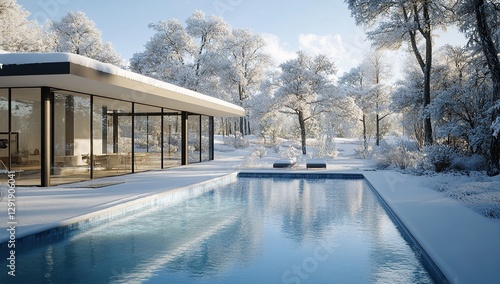 A swimming pool surrounded by white snow, next to it is an elegant modern house with large glass windows