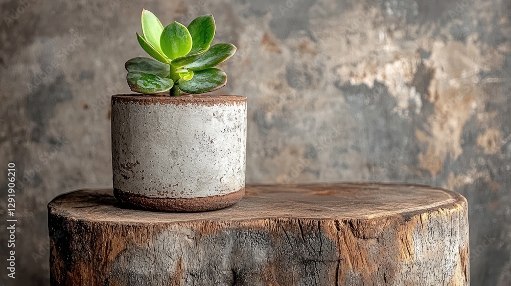 Jade plant in pot on wooden stump, textured background, home decor Jade plant in pot on wooden stump, textured background, home decor