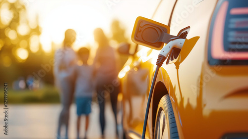 electric car charging at home during sunset, with family in background enjoying quality time together. warm light creates cozy atmosphere