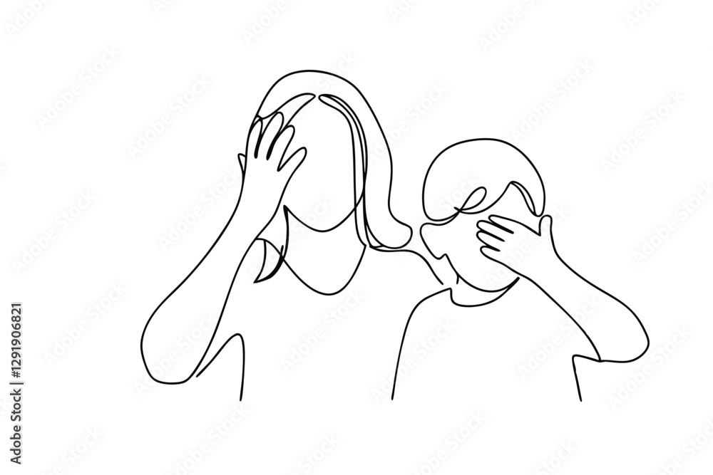 Singleline Drawing Mother and Son Covering Eyes, Stress, Anxiety Singleline Drawing Mother and Son Covering Eyes, Stress, Anxiety