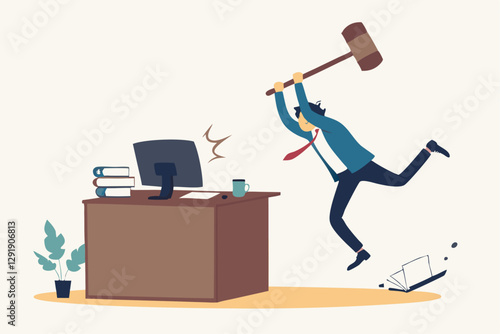 Frustration and chaos from computer problem or tech failure, stressful or anxiety from overworked or disappointment and mistake concept, frustrated businessman hitting to break computer with hammer.
