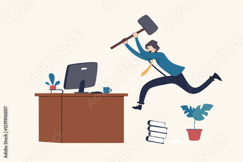 Frustration and chaos from computer problem or tech failure, stressful or anxiety from overworked or disappointment and mistake concept, frustrated businessman hitting to break computer with hammer.