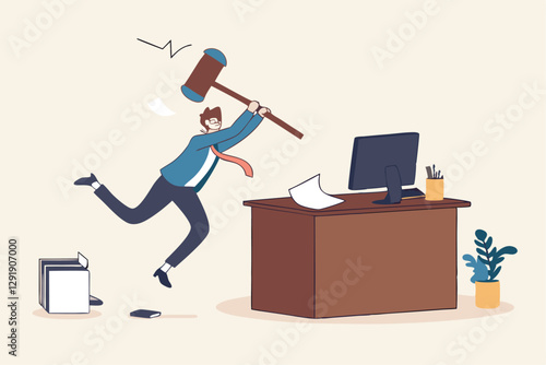 Frustration and chaos from computer problem or tech failure, stressful or anxiety from overworked or disappointment and mistake concept, frustrated businessman hitting to break computer with hammer.