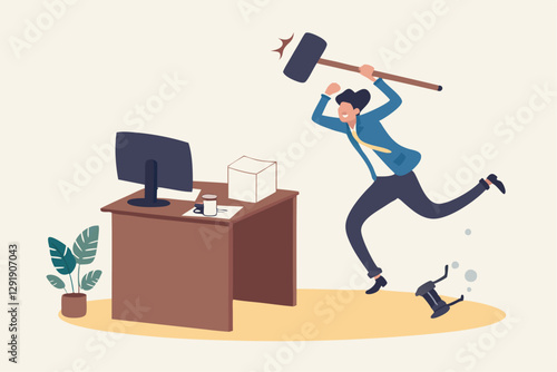 Frustration and chaos from computer problem or tech failure, stressful or anxiety from overworked or disappointment and mistake concept, frustrated businessman hitting to break computer with hammer.