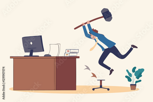 Frustration and chaos from computer problem or tech failure, stressful or anxiety from overworked or disappointment and mistake concept, frustrated businessman hitting to break computer with hammer.