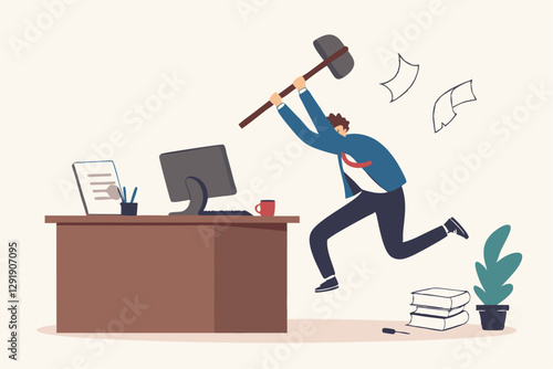 Frustration and chaos from computer problem or tech failure, stressful or anxiety from overworked or disappointment and mistake concept, frustrated businessman hitting to break computer with hammer.