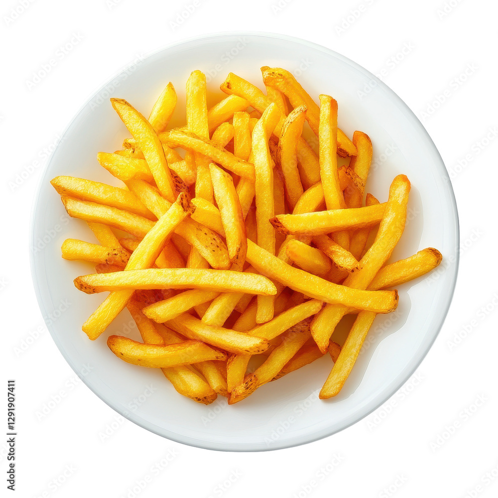 Perfectly golden French fries served in a white plate against a clean background, French fries in white plateisolated on white background Perfectly golden French fries served in a white plate against a clean background, French fries in white plateisolated on white background