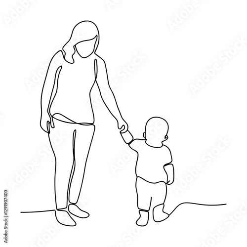 Mother and Child Walking HandinHand Simple Line Art Drawing