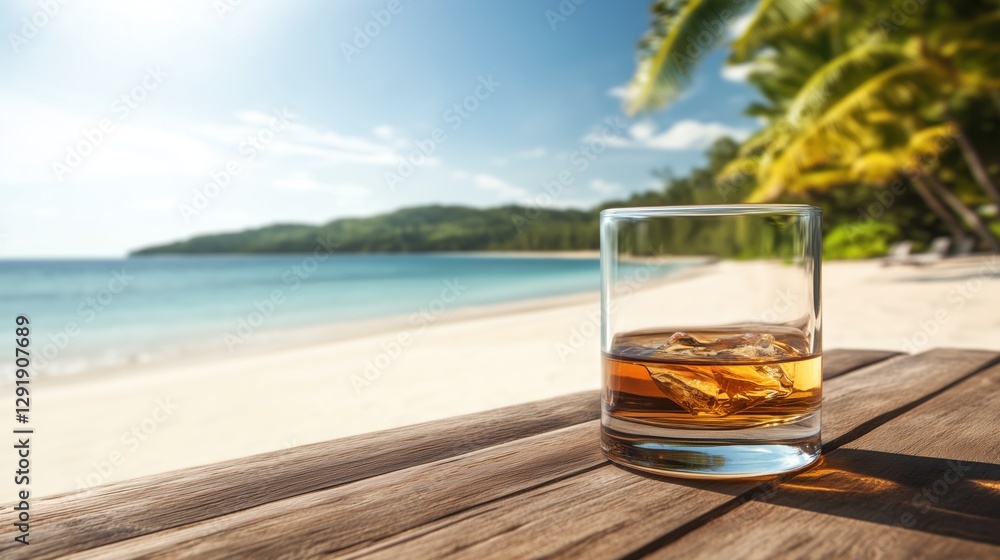 Whimsical beach paradise with a glass of whiskey on a wooden table in the sun during a serene day Whimsical beach paradise with a glass of whiskey on a wooden table in the sun during a serene day